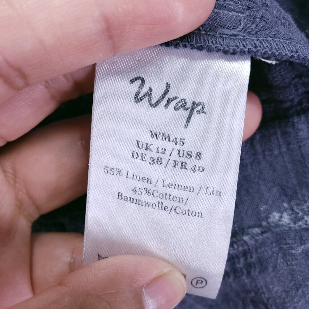 Wrap Designed in London Blue Gray Linen Blend Embroidery Wrap Mid Dress 8 - Picture 3 of 16